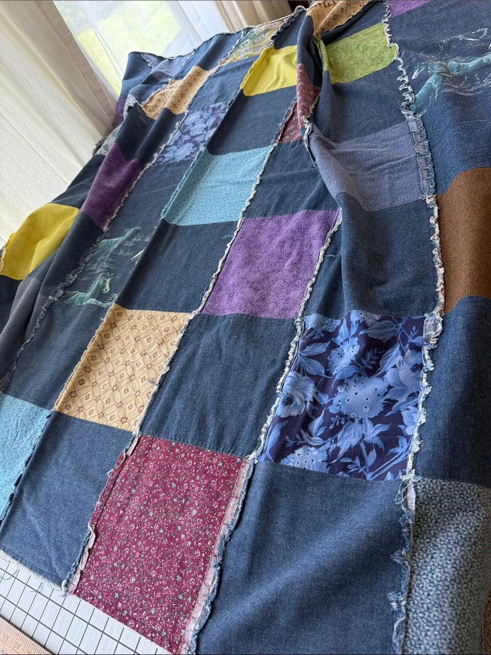 Handmade Denim Rag Quilt Throw 58x60 Blue Jean Patchwork Rustic Farmhouse